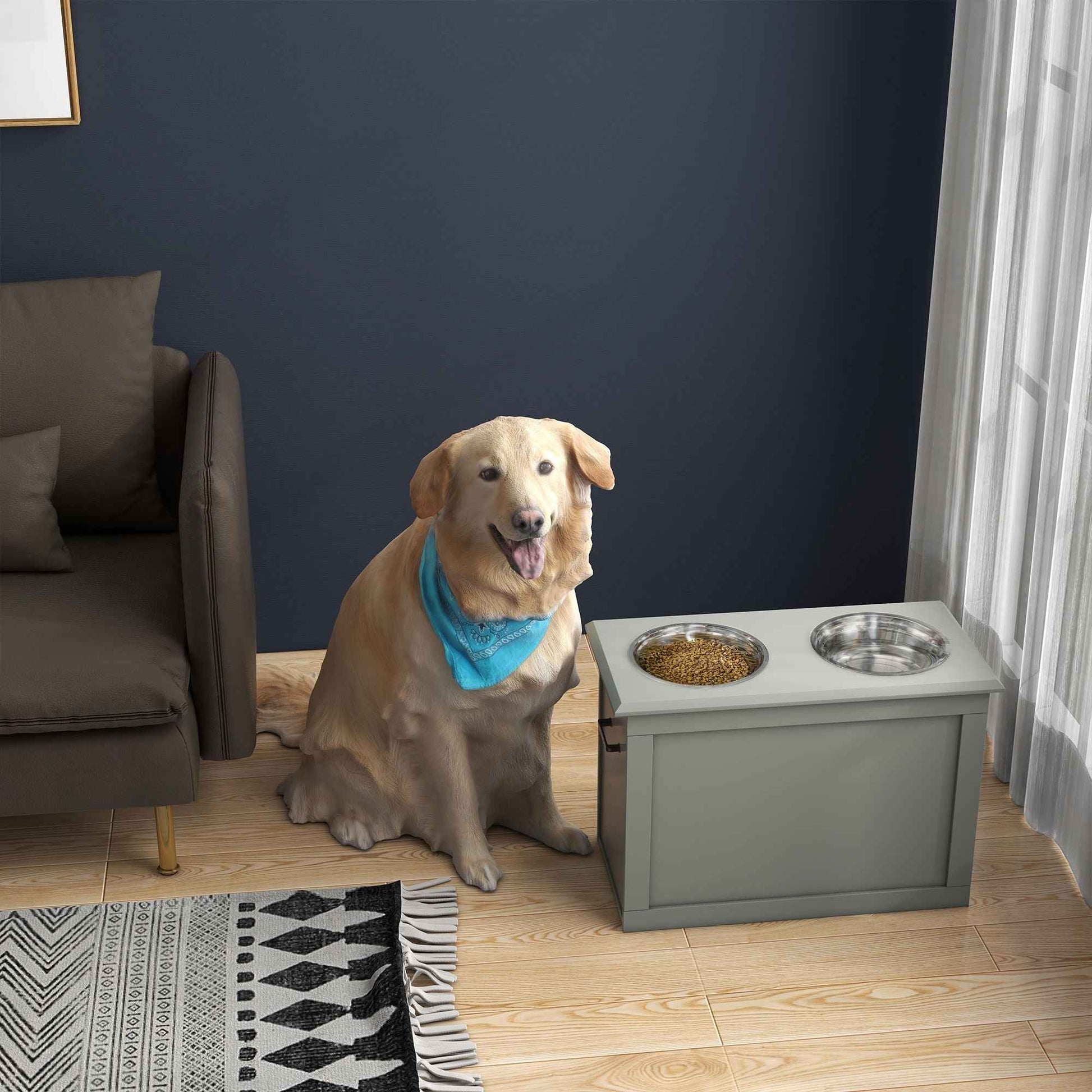Raised Dog Feeding Station with 2 Stainless Steel Bowls and Storage for Large Dogs and Other Large Pets Gray