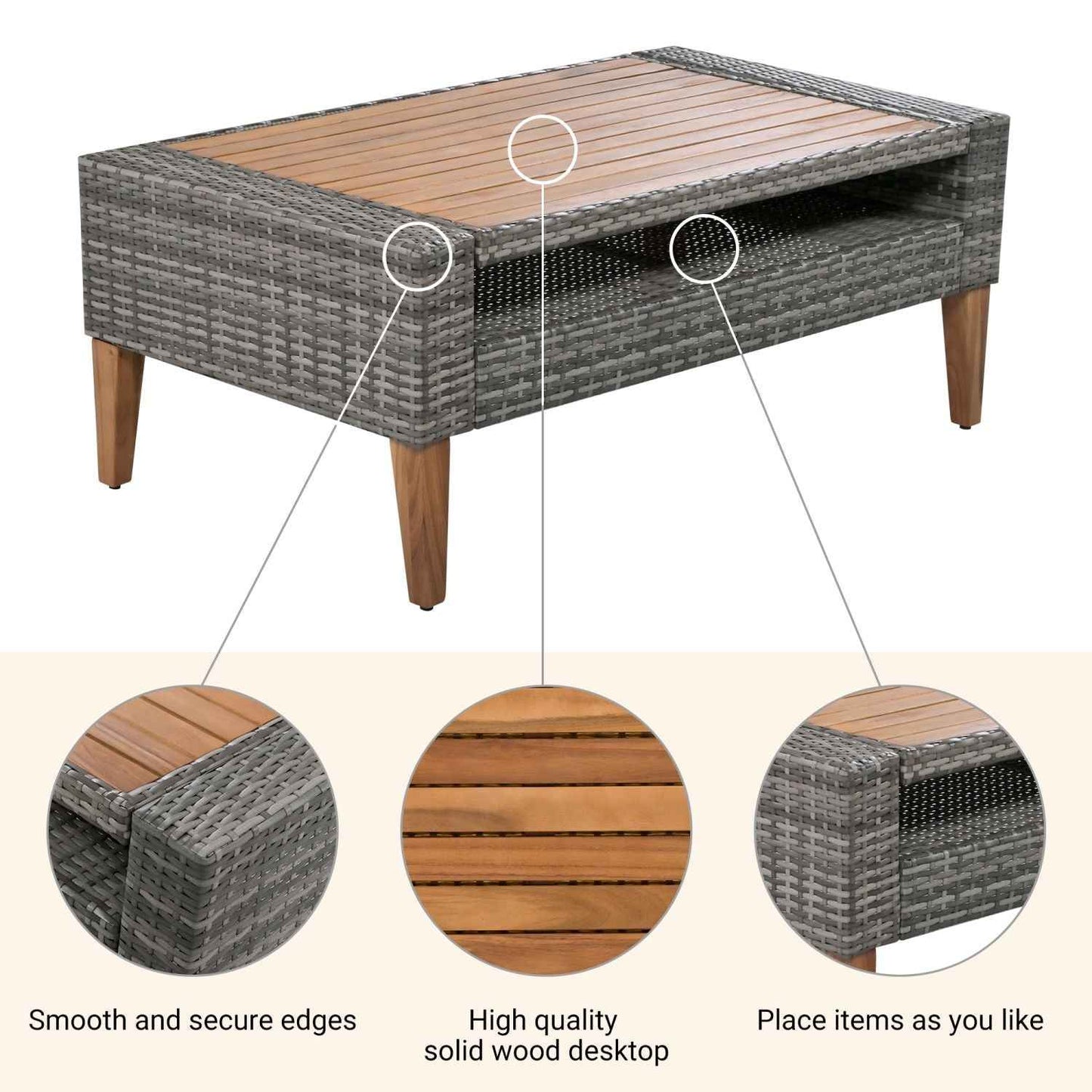 <Old SKU: FG201219AAA> 6-Pieces All Weather PE Wicker Sofa Set, Outdoor Rattan sofa With Double Cushions, Wood Legs Wood Table Top, Beige and Gray