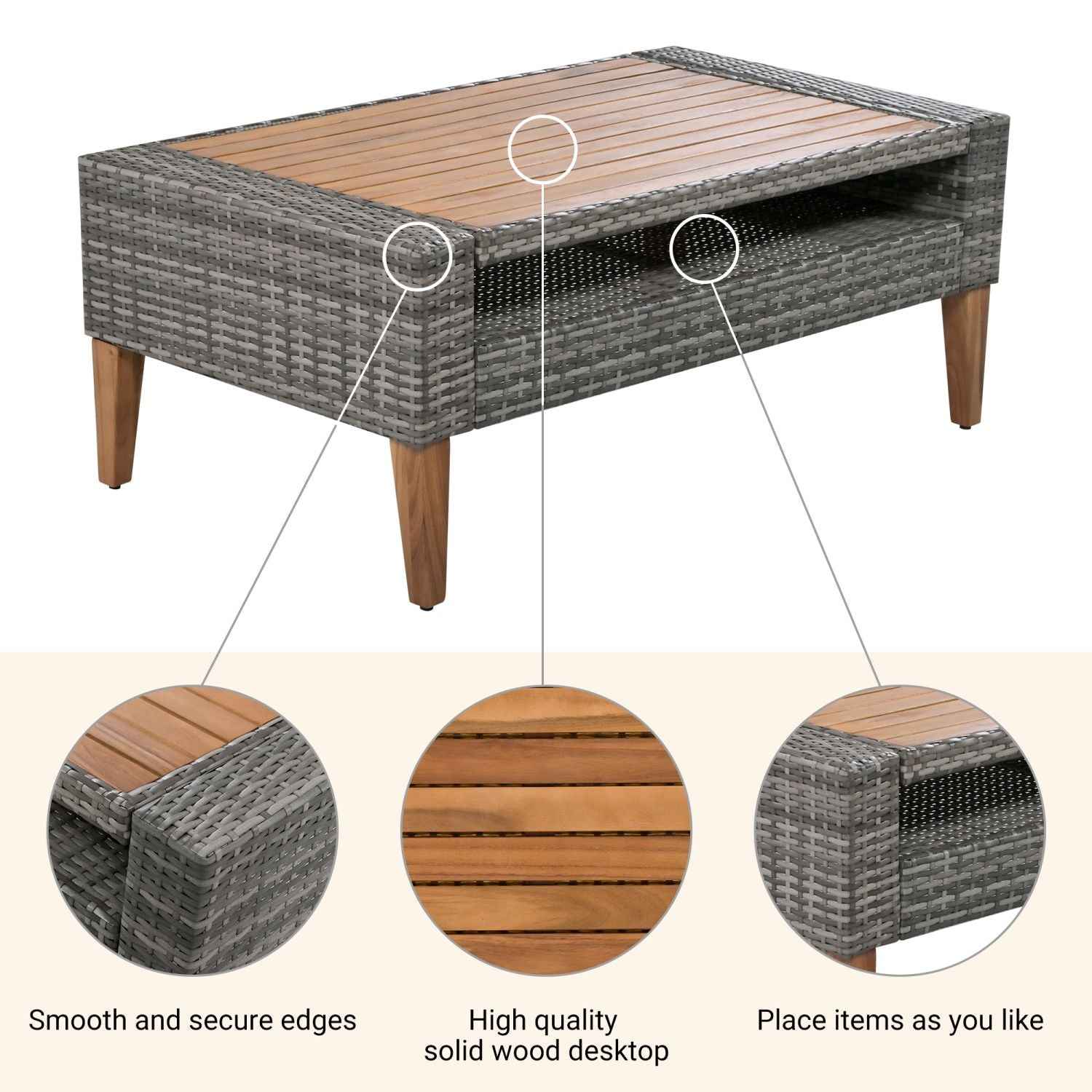 <Old SKU: FG201219AAA> 6-Pieces All Weather PE Wicker Sofa Set, Outdoor Rattan sofa With Double Cushions, Wood Legs Wood Table Top, Beige and Gray