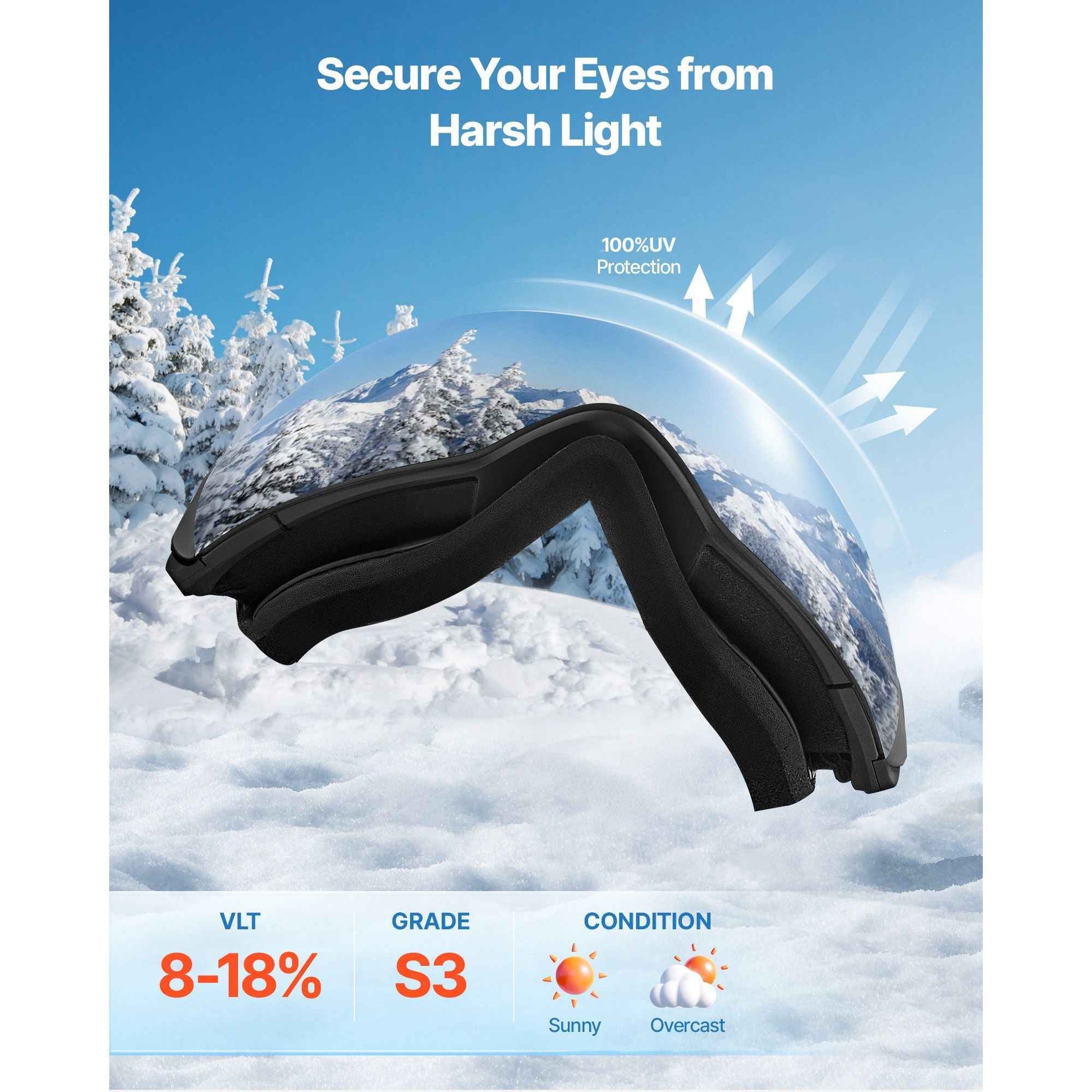 Frameless Ski Goggles, Spherical Lens with Silver Mirror Revo Coating, OTG Anti fog Snow Goggles for Men Women, TPU Frame & Ventilation Structure, Suitable for Skiing, Skating, Snowboarding