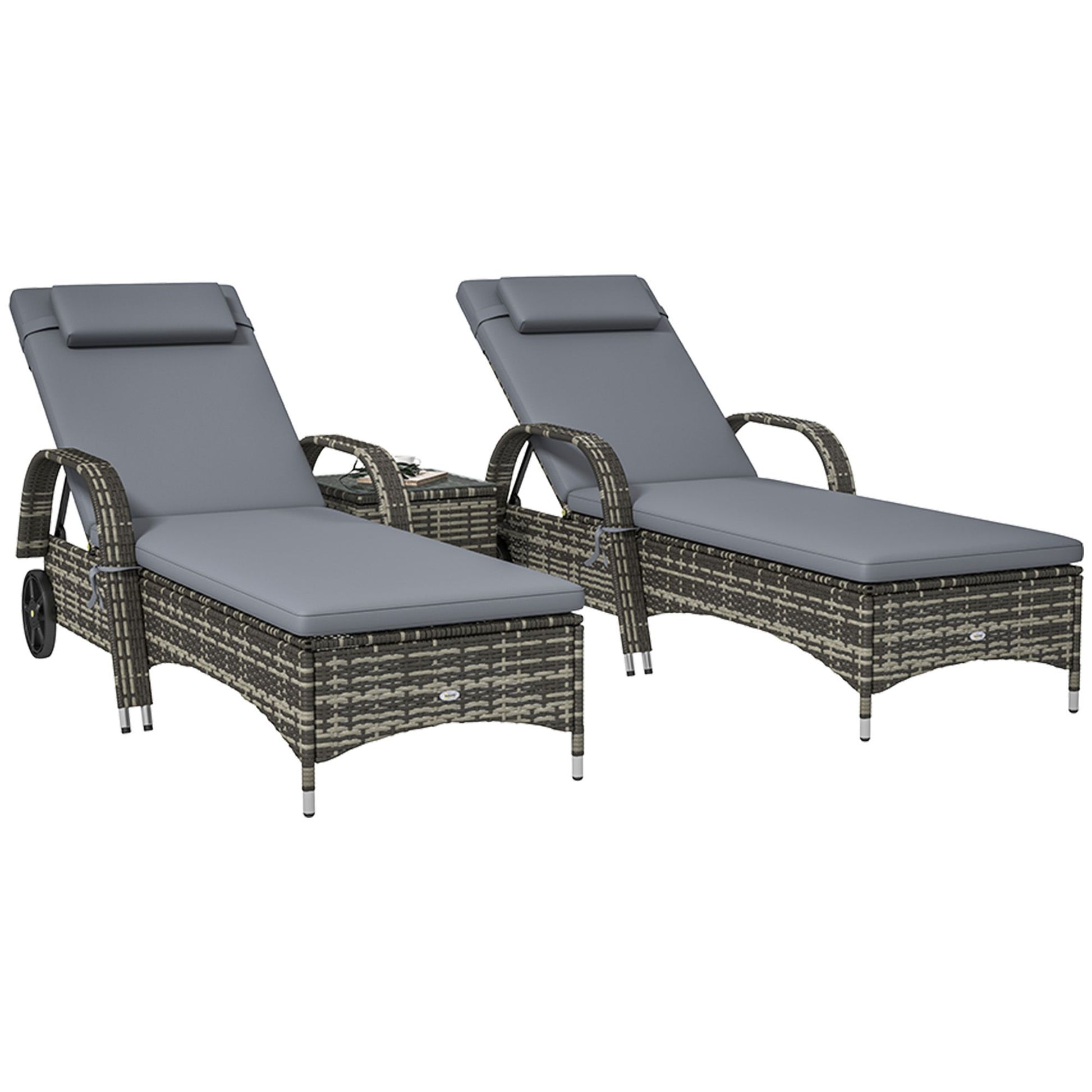 Patio Wicker Chaise Lounge Chair Set of 2 with Table, Adjustable Backrest, Wheels, Cushion & Headrest, Gray - KNM Sundry