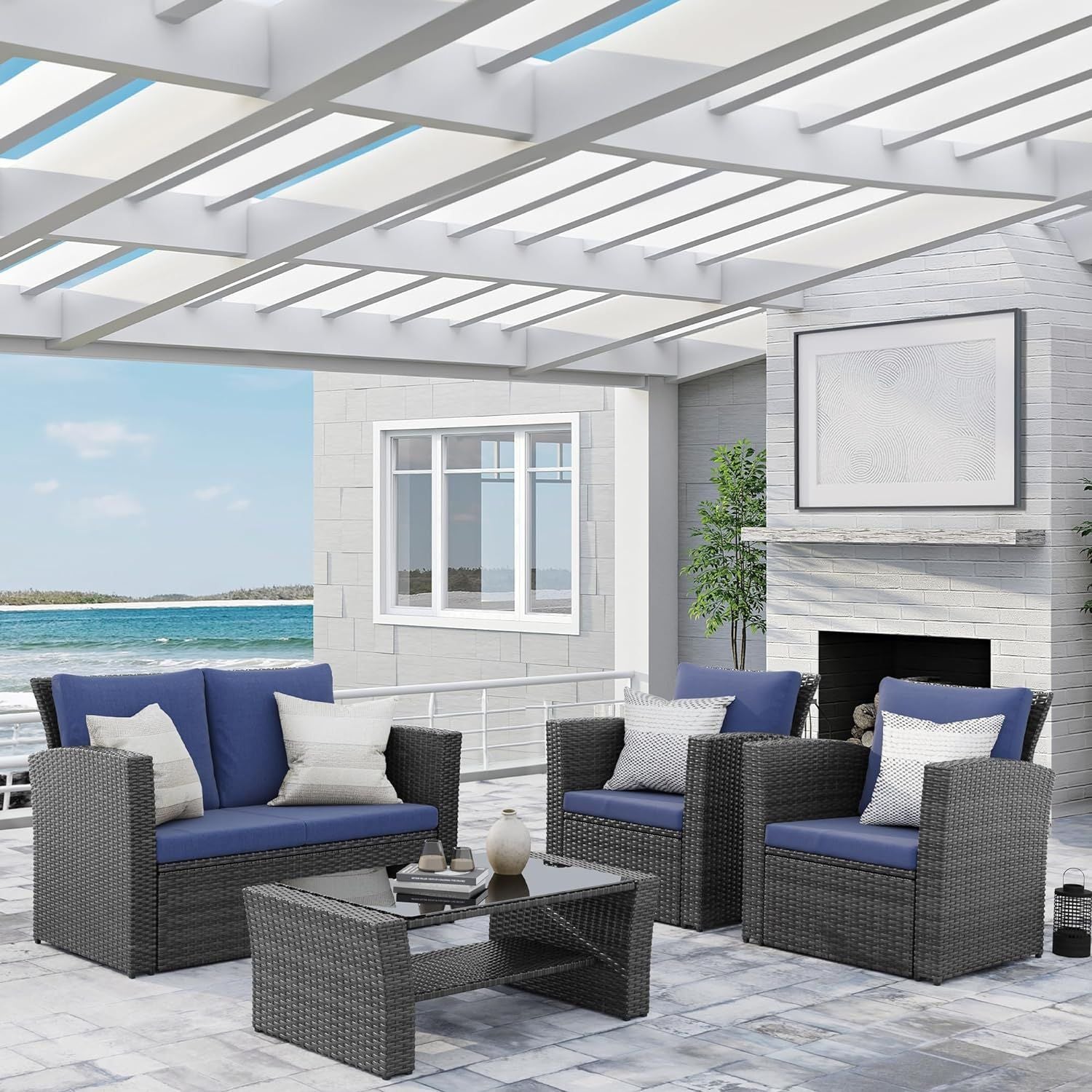 4 Piece Outdoor Patio Furniture Set, Outdoor Sectional Sofa with Tempered Glass Coffee Table and Cushions, Wicker Rattan Patio Set - KNM Sundry