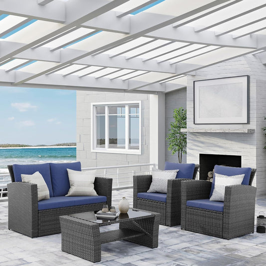 4 Piece Outdoor Patio Furniture Set, Outdoor Sectional Sofa with Tempered Glass Coffee Table and Cushions, Wicker Rattan Patio Set - KNM Sundry