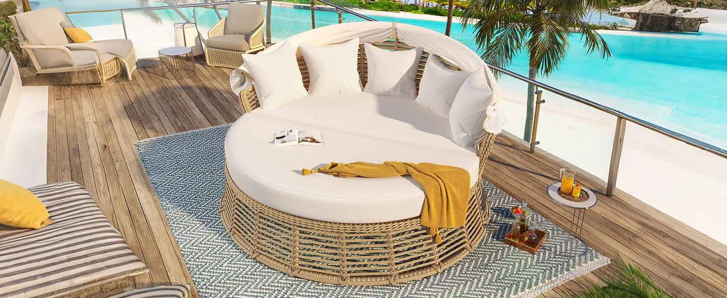 Outdoor Patio Rattan Round Daybed with Retractable Canopy, Wicker Furniture Round Poolside Sofa Sunbed with Removable Cushions, Backyard, Porch