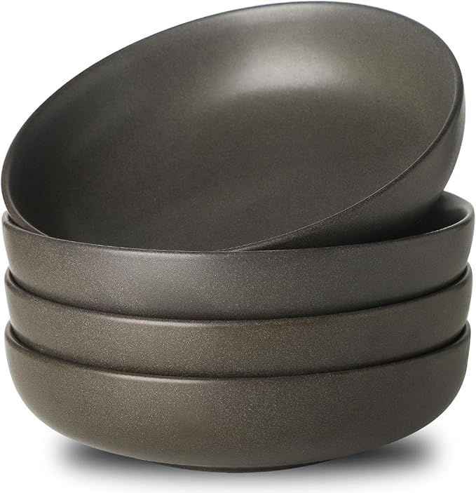 Stoneware Pasta Bowls, 34 oz Large Salad Bowl Set of 4, Ceramic Serving Bowls for Ramen, Pasta, Fruit, Cereal, Dinner, Wide and Shallow Bowls, Microwave & Dishwasher Safe, Matte Black