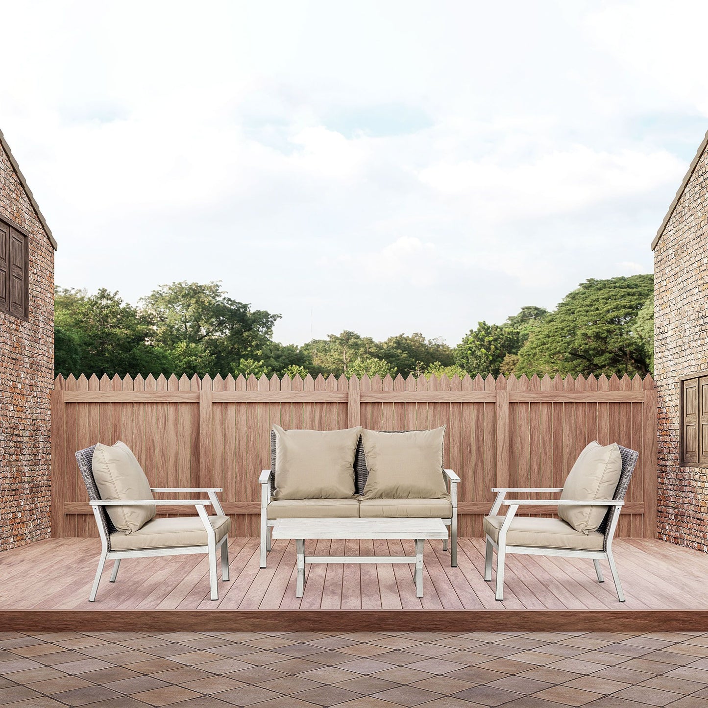 Patio Conversational Bliss: 4-Piece Wicker Loveseat Set with Coffee Table, Beige | Intimate Outdoor Lounge. - KNM Sundry