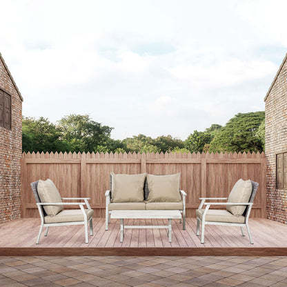 Patio Conversational Bliss: 4-Piece Wicker Loveseat Set with Coffee Table, Beige | Intimate Outdoor Lounge. - KNM Sundry