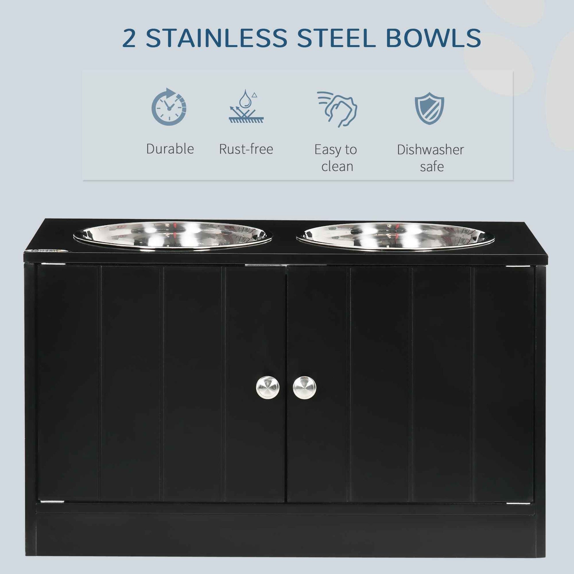 Raised Pet Feeding Storage Station with 2 Stainless Steel Bowls Base for Large Dogs and Other Large Pets Black