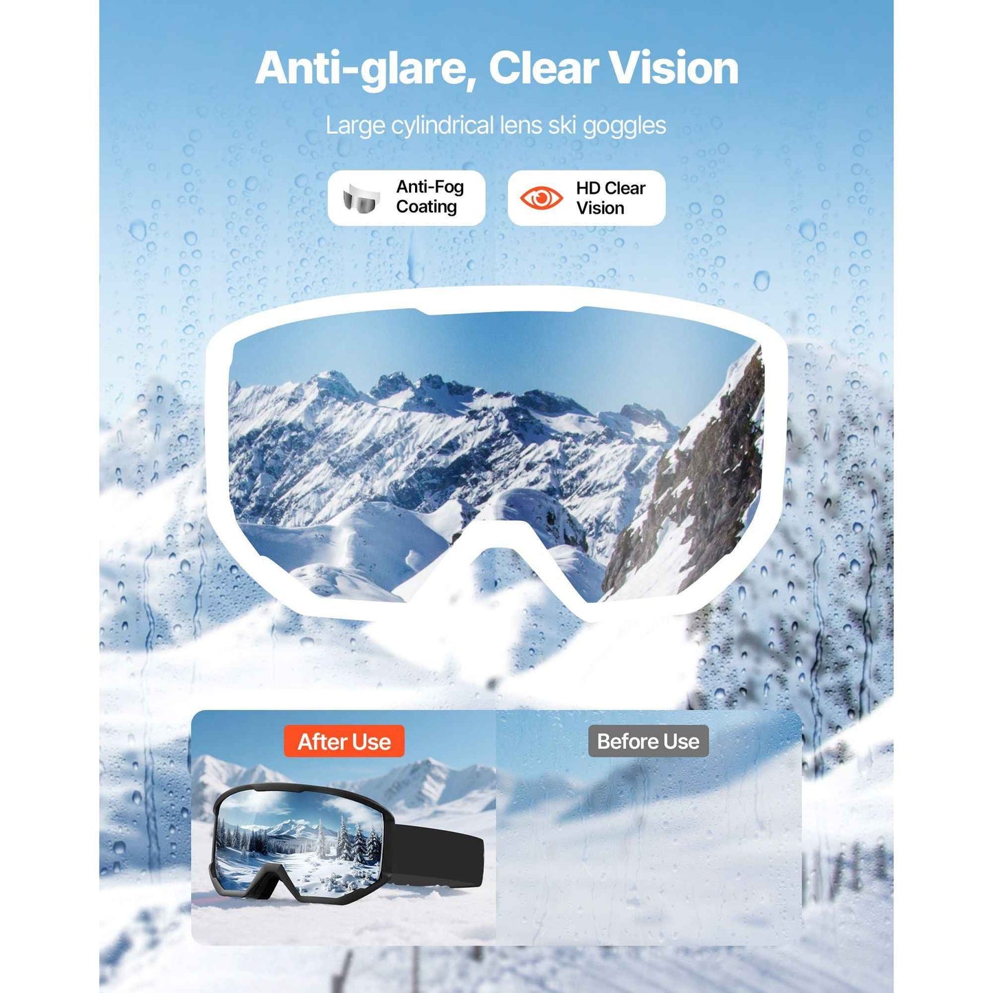 Ski Goggles, Cylindrical Lens with Silver Mirror Revo Coating, OTG Anti fog Snow Goggles for Men Women Youth, TPU Frame & Ventilation Structure, Suitable for Skiing, Skating, Snowboarding