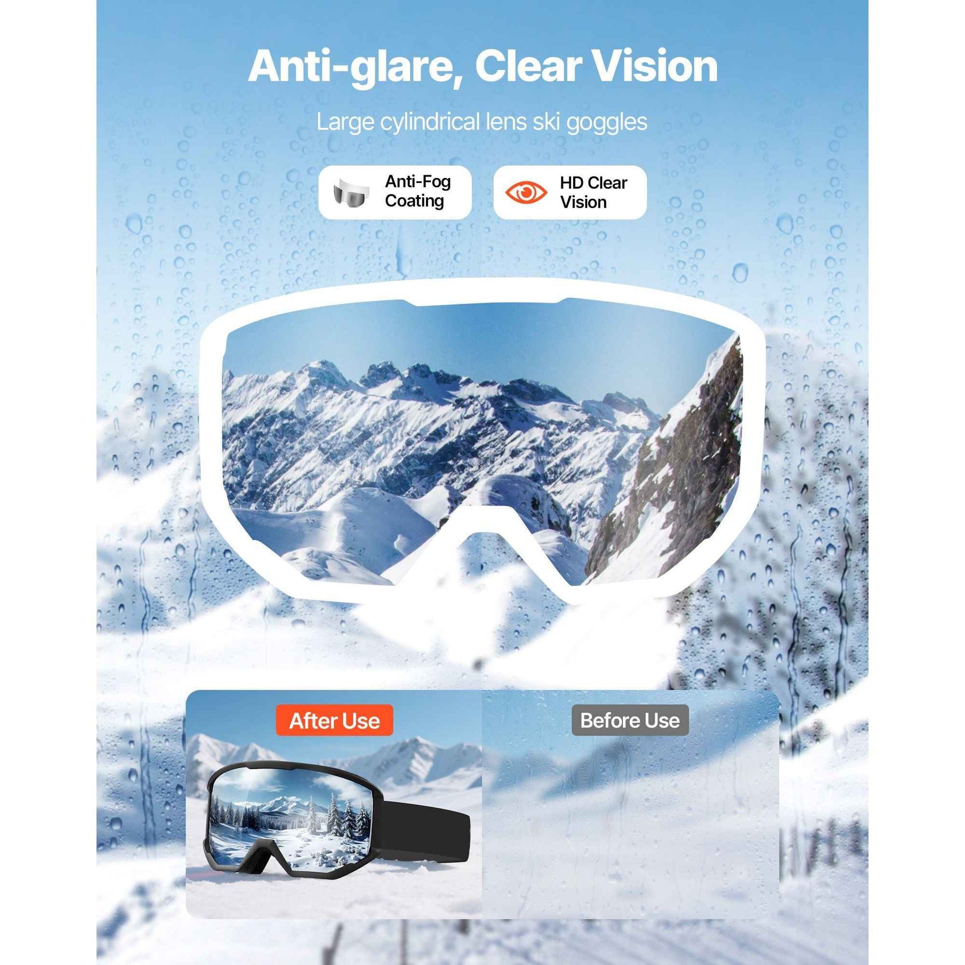 Ski Goggles, Cylindrical Lens with Silver Mirror Revo Coating, OTG Anti fog Snow Goggles for Men Women Youth, TPU Frame & Ventilation Structure, Suitable for Skiing, Skating, Snowboarding