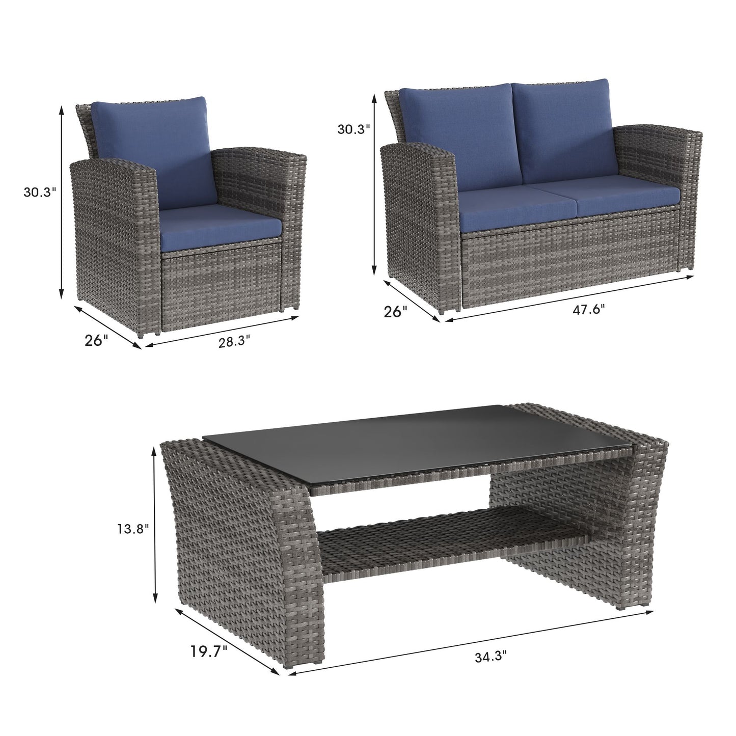 4 Piece Outdoor Patio Furniture Set, Outdoor Sectional Sofa with Tempered Glass Coffee Table and Cushions, Wicker Rattan Patio Set - KNM Sundry