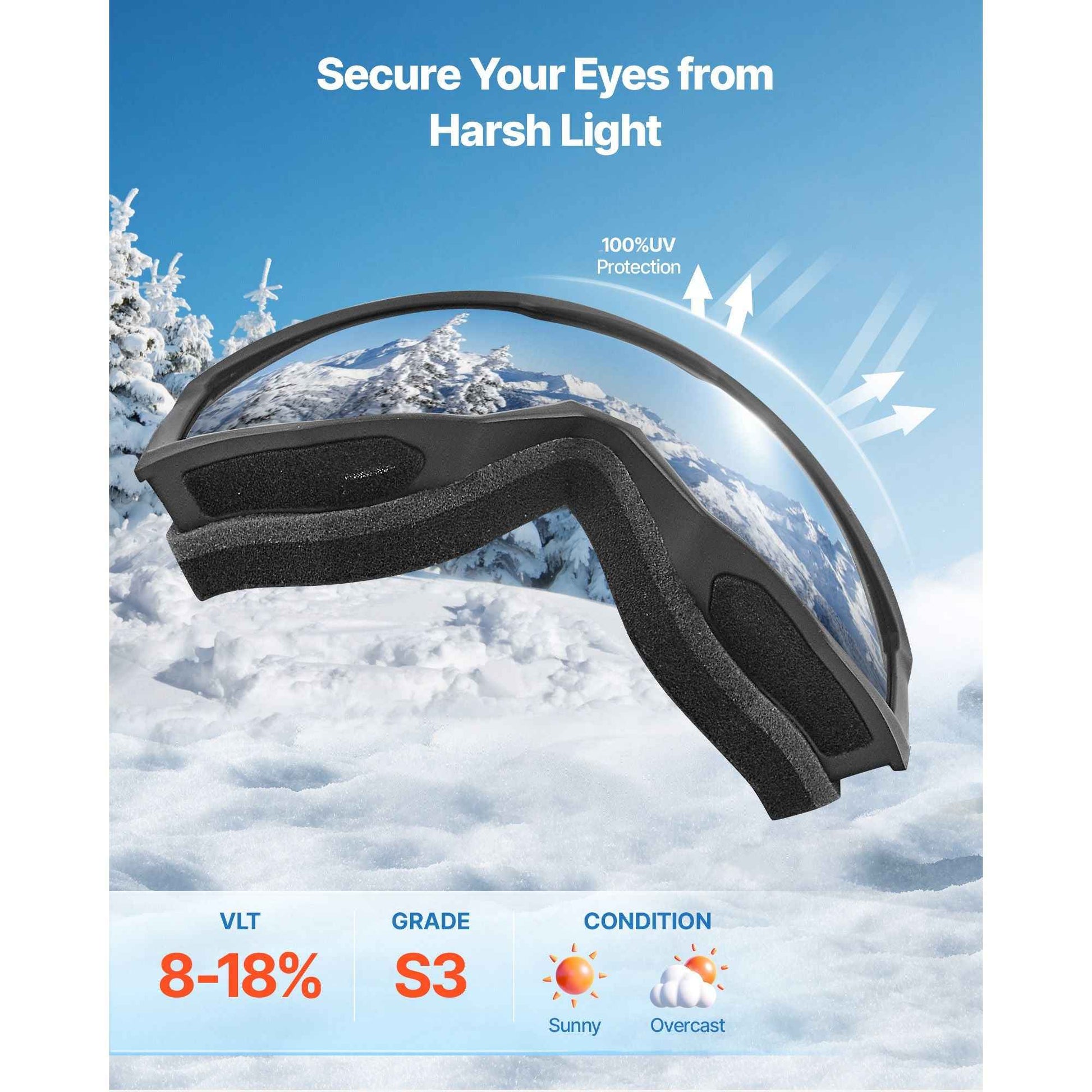Ski Goggles, Cylindrical Lens with Silver Mirror Revo Coating, OTG Anti fog Snow Goggles for Men Women Youth, TPU Frame & Ventilation Structure, Suitable for Skiing, Skating, Snowboarding