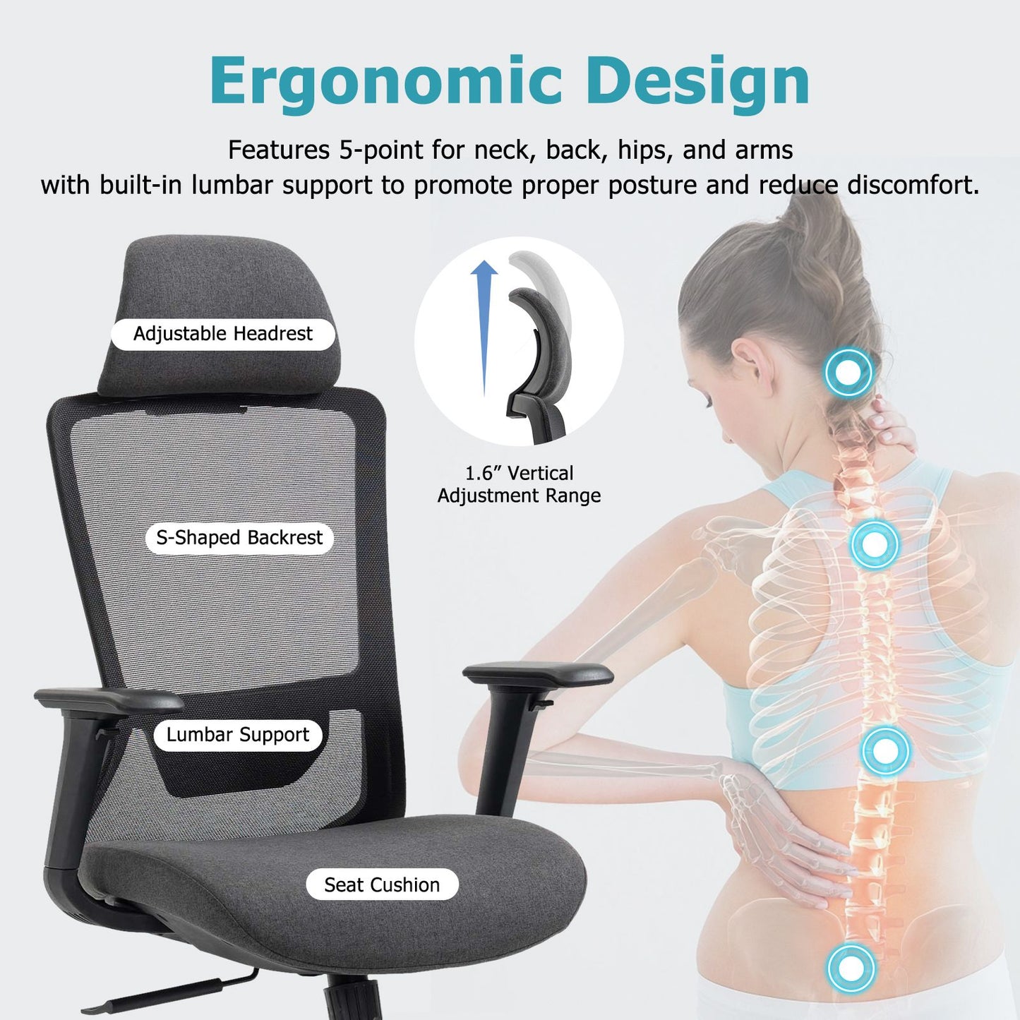Ergonomic Mesh Office Chair with Adjustable Headrest and Lumbar Support, Breathable Back Design for Home and Office Use 8322H - KNM Sundry