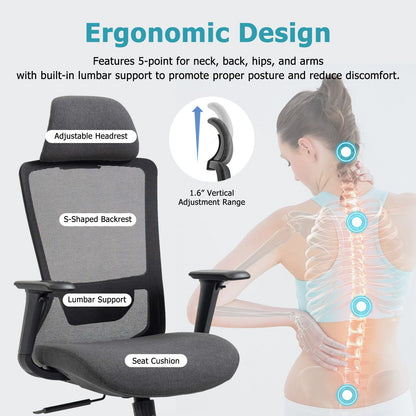 Ergonomic Mesh Office Chair with Adjustable Headrest and Lumbar Support, Breathable Back Design for Home and Office Use 8322H - KNM Sundry