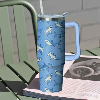 30 oz Shark Tumbler with Handle and Straw, Insulated Stainless Steel Cup with Lid, Travel Coffee Mug Water Bottle, Gifts for Woman