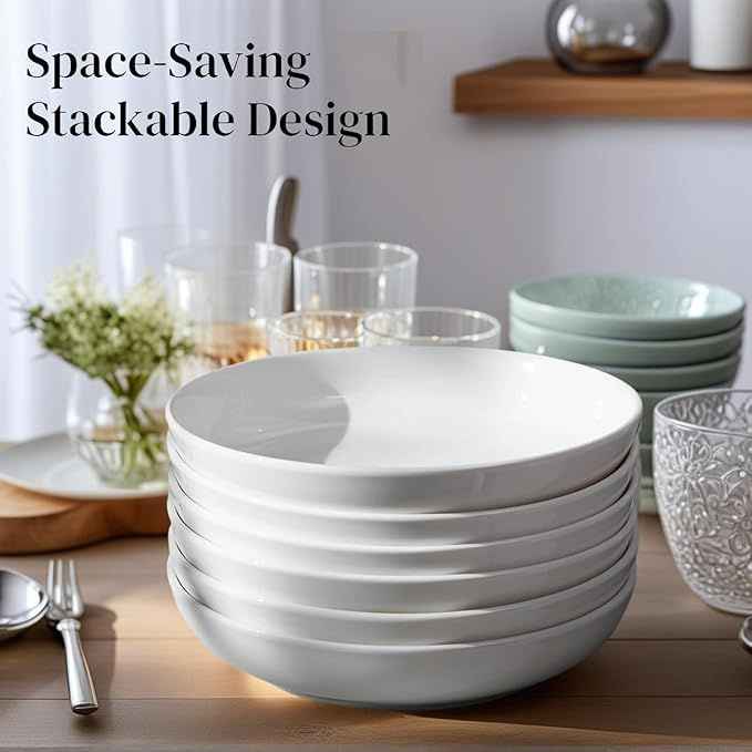 7 Pack Porcelain Pasta Bowls Ceramic , Large Serving Bowl, Wide and Shallow, Set 8.3 Inch - 30 Ounce - for Pasta, Salad, Cereal, Soup & Microwave & Dishwasher Safe