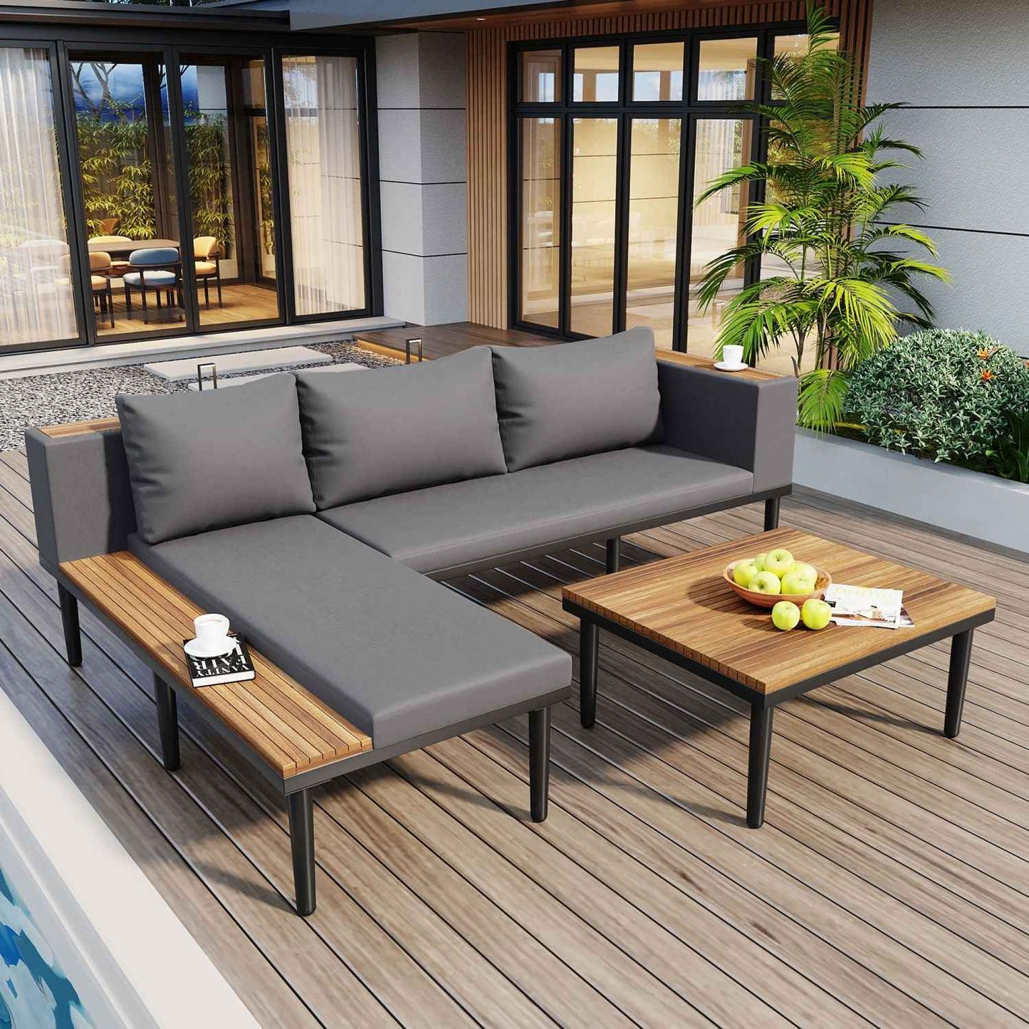 <Old SKU: N704G201251E> Luxury Patio Furniture Set with Removable Cushions and Coffee Table, L-Shaped Acacia Wood Sofa with Side table, Outdoor Conversation Sectional Sofa for Backyard, Porch, Gray