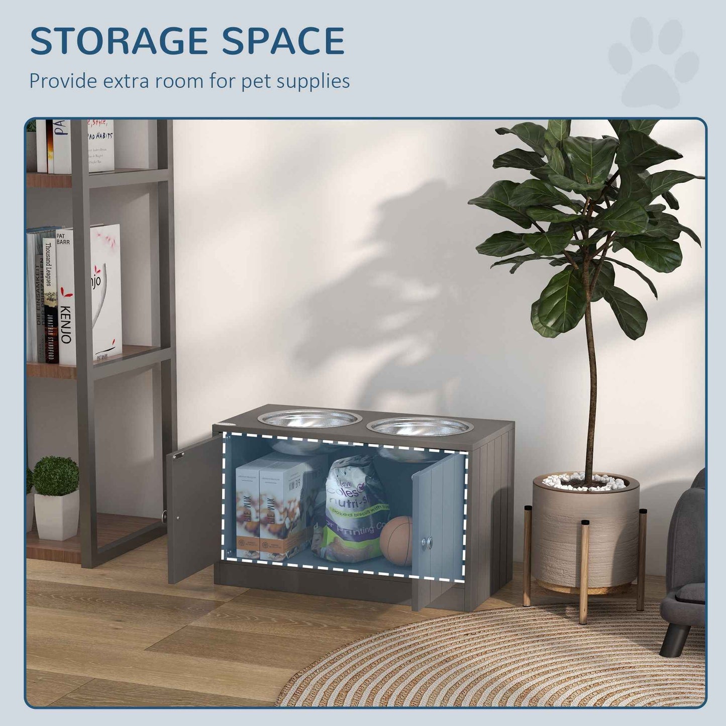 Large Elevated Dog Bowls with 44L Storage Cabinet, Raised Pet Food Bowl Stand & Feeding Station, Gray