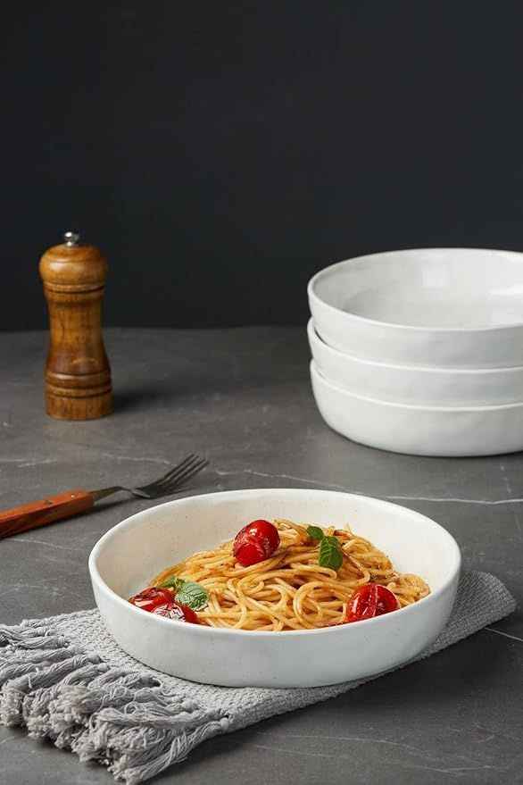 famiware Mars 4 Pieces Pasta Bowls Set, 8.5 inch Salad Bowls, Large Capacity, Bowl Sets with Brown Speckled, Microwave & Dishwasher Safe, White