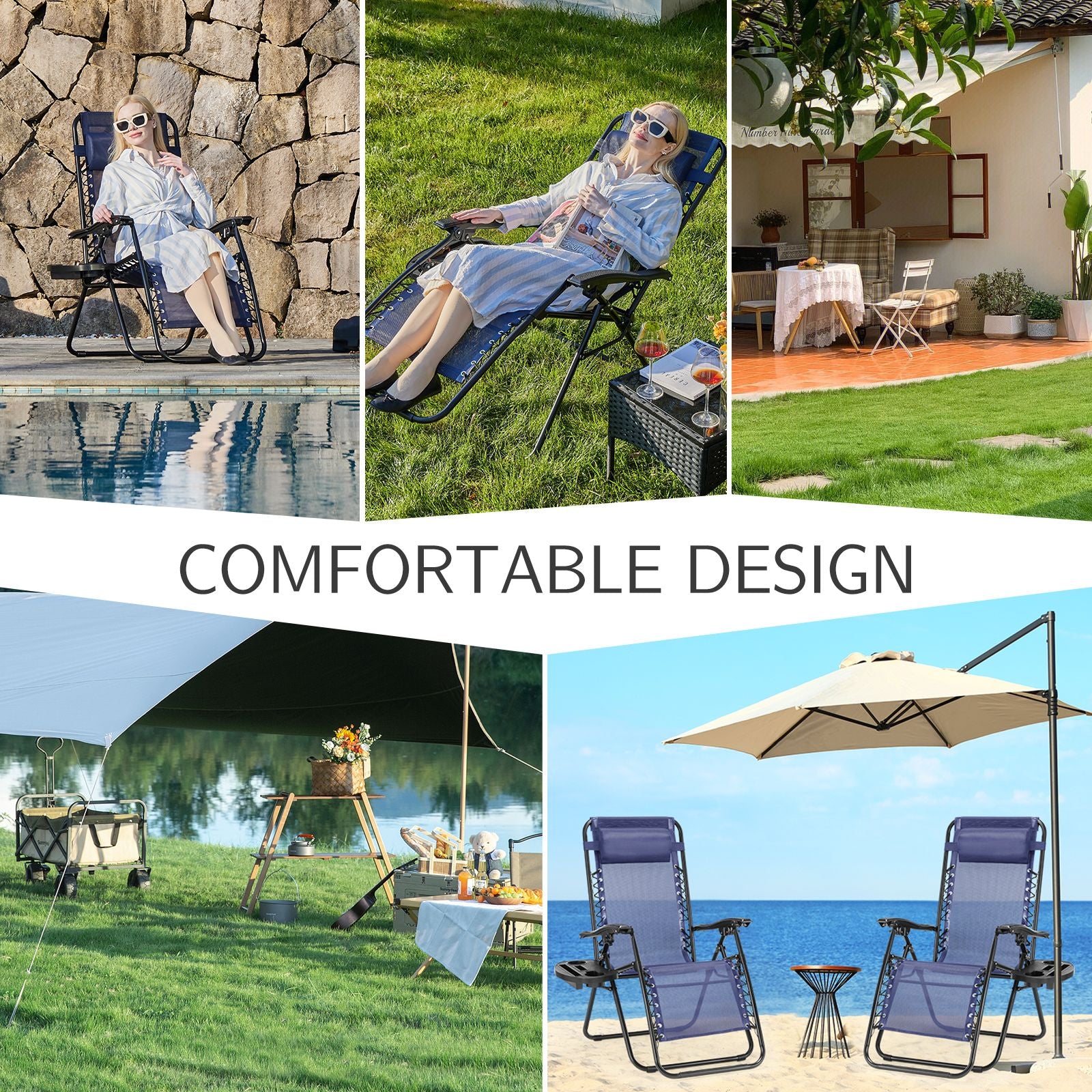 Set of 2 Zero Cravity Lounge Chairs,Outdoor Patio Folding Recliners for Pool Beach with Pillow and Cup Holder - KNM Sundry