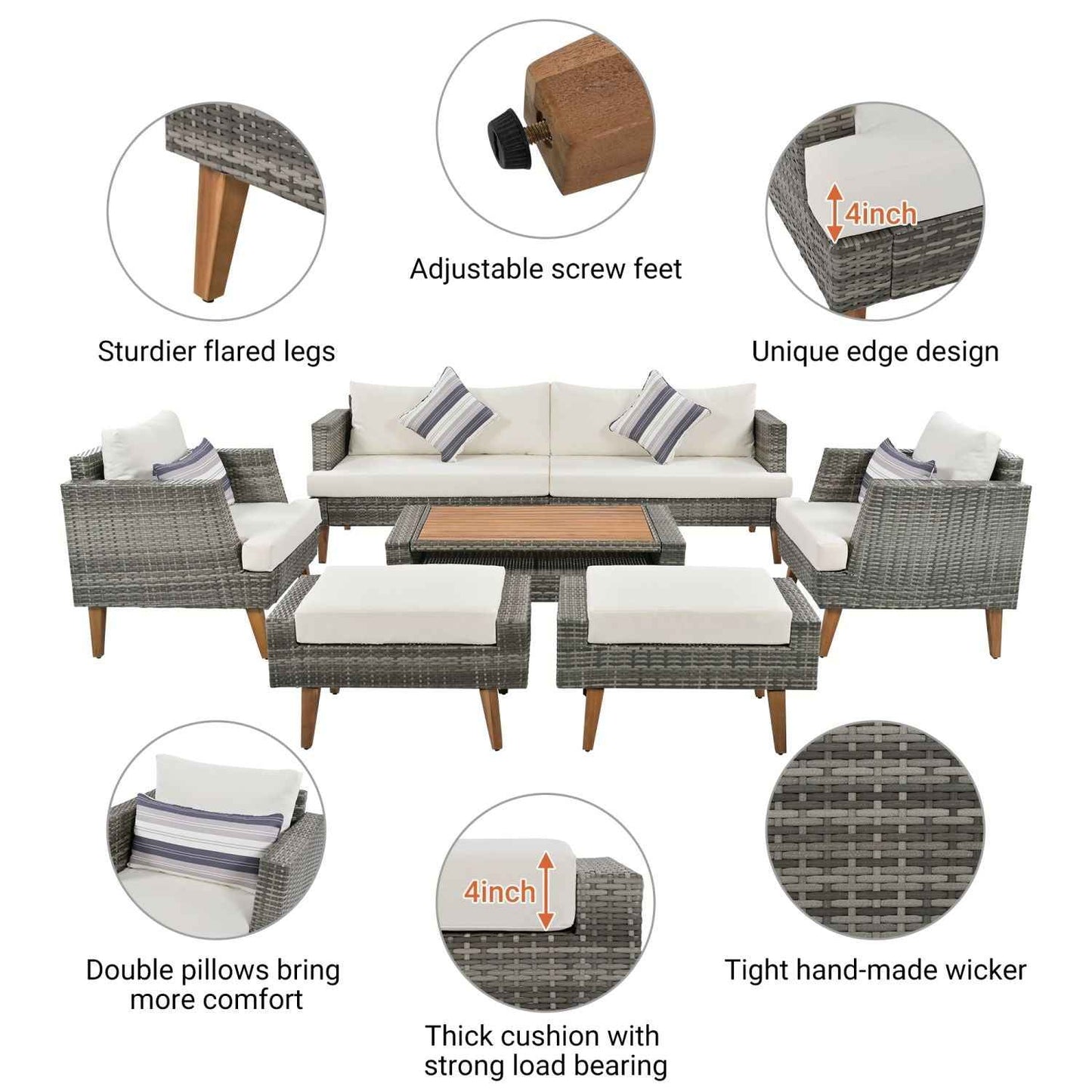<Old SKU: FG201219AAA> 6-Pieces All Weather PE Wicker Sofa Set, Outdoor Rattan sofa With Double Cushions, Wood Legs Wood Table Top, Beige and Gray