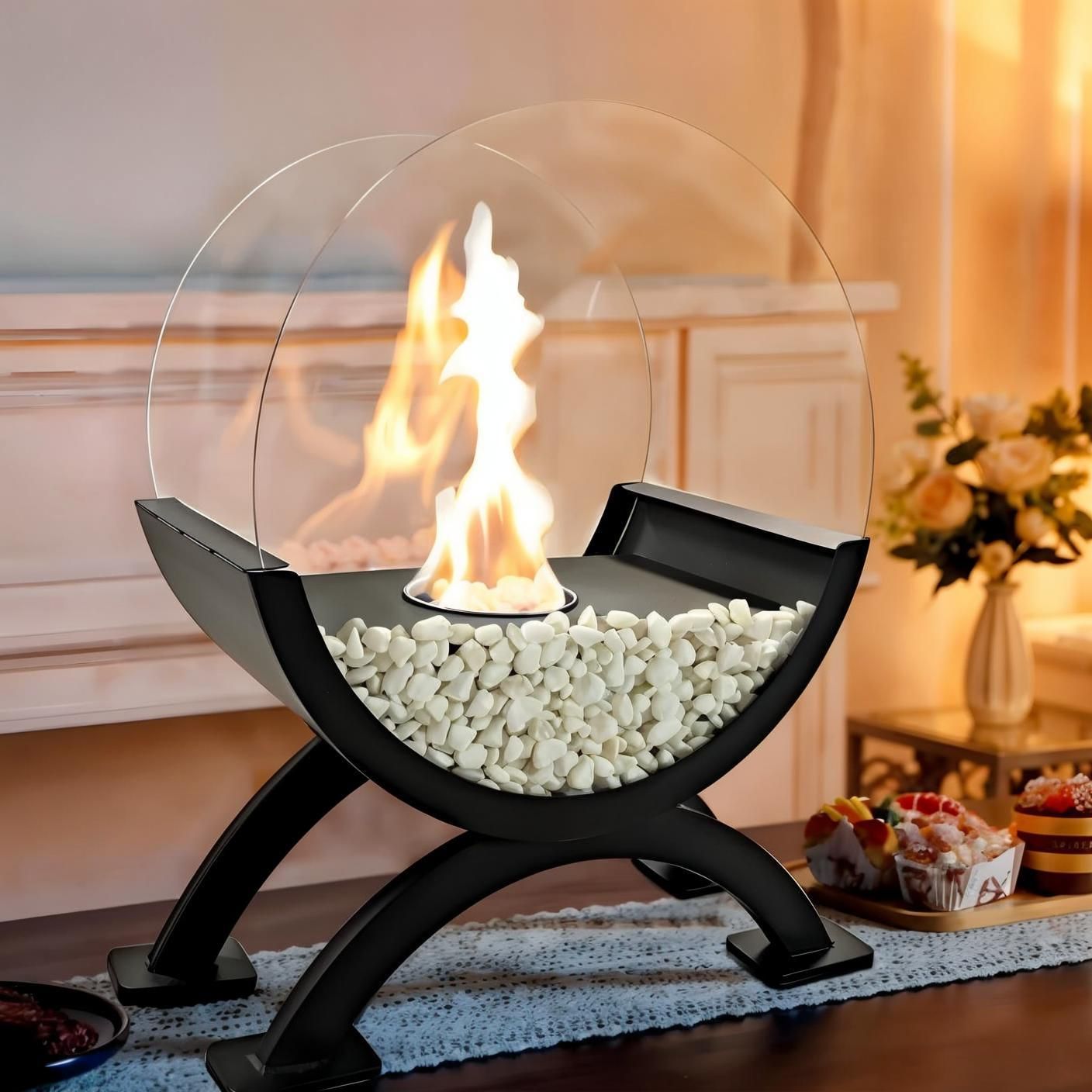 Round Glass Large Tabletop Fireplace 12.5" H Portable Fire Bowl Pot Clean Burning Fireplace for Indoor Outdoor Patio Parties Events(Black) - KNM Sundry