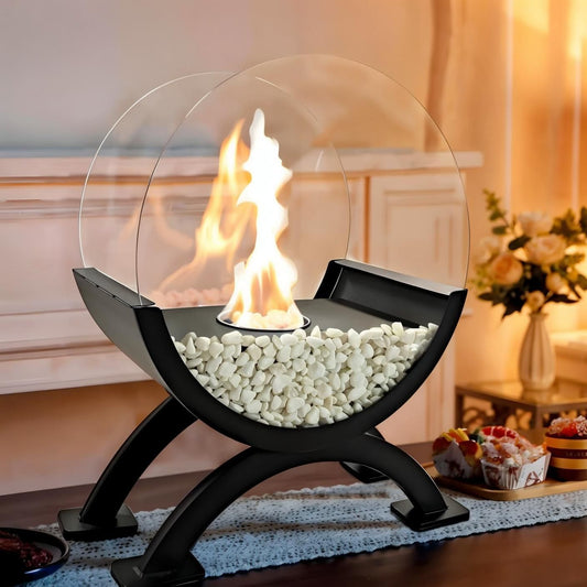 Round Glass Large Tabletop Fireplace 12.5" H Portable Fire Bowl Pot Clean Burning Fireplace for Indoor Outdoor Patio Parties Events(Black) - KNM Sundry
