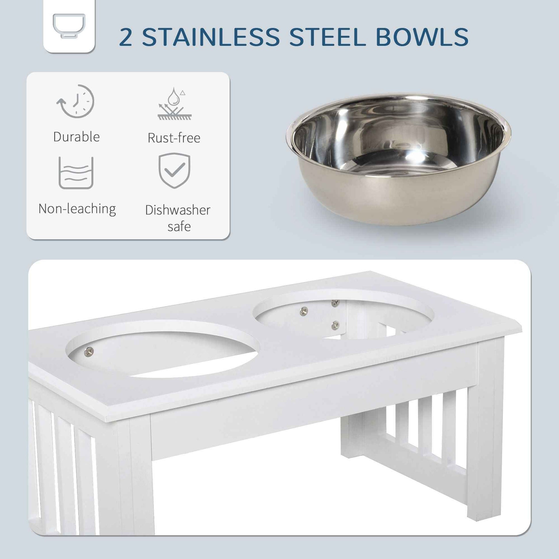 Wooden Dog Feeding Station with 2 Stainless Steel Bowls and Non-Slip Base Elegant White