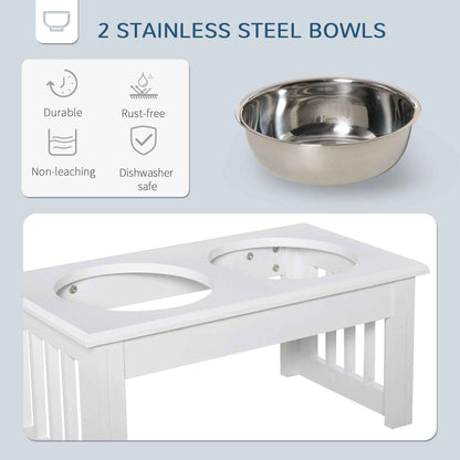 Wooden Dog Feeding Station with 2 Stainless Steel Bowls and Non-Slip Base Elegant White