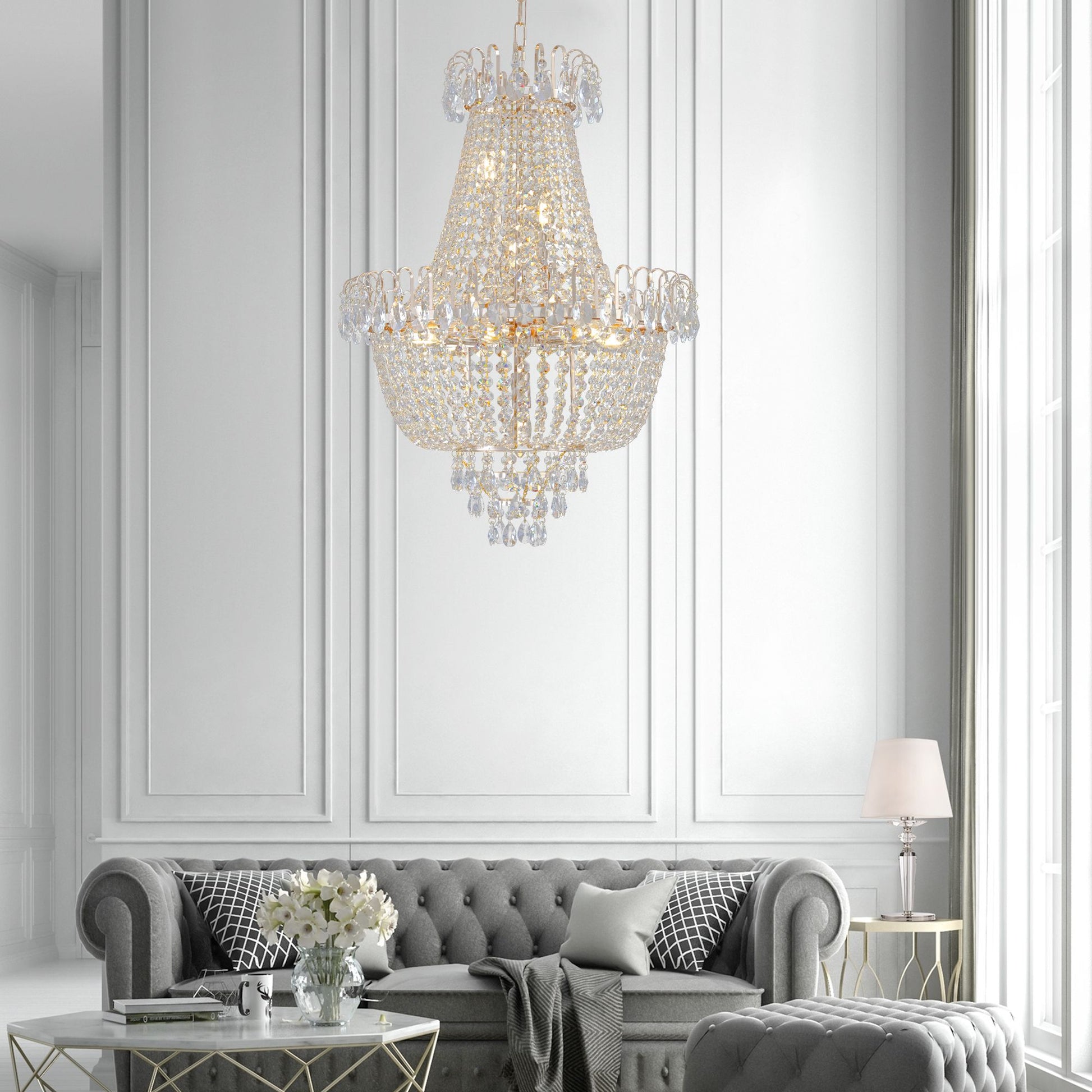 (Same as W1340P143189)Gold Crystal Chandeliers,Large Contemporary Luxury Ceiling Lighting for Living Room Dining Room Bedroom Hallway (Without Bulb) - KNM Sundry