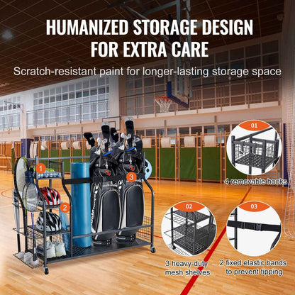 Golf Storage Garage Organizer, 3 Golf Bag Stand Holder and Other Sports Equipment Storage Rack, Rolling Ball Cart on Wheels, Outdoor Sport Gear and Toy Storage with Baskets & Hooks, Steel, Black