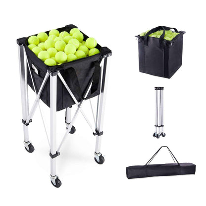 Foldable Tennis Ball Hopper, Holds 150 Tennis Balls, Lightweight Aluminum Alloy Tennis Ball Basket Cart with Wheels, Removable Bag, Carry Bag, Portable Sports Teaching Cart for Tennis Player
