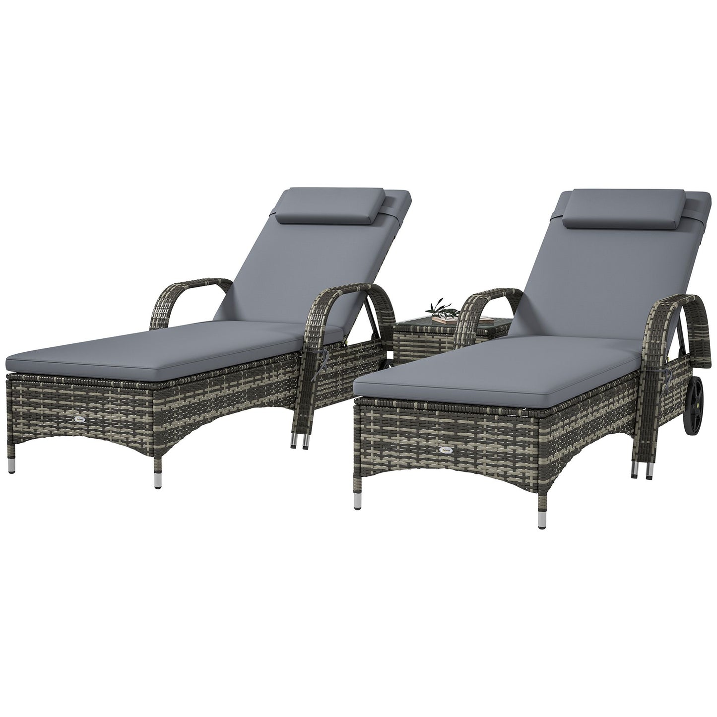 Patio Wicker Chaise Lounge Chair Set of 2 with Table, Adjustable Backrest, Wheels, Cushion & Headrest, Gray - KNM Sundry