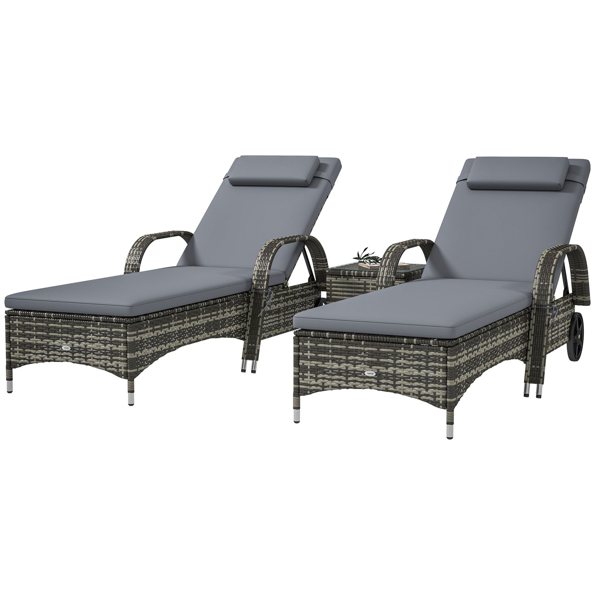 Patio Wicker Chaise Lounge Chair Set of 2 with Table, Adjustable Backrest, Wheels, Cushion & Headrest, Gray - KNM Sundry