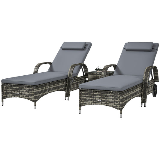 Patio Wicker Chaise Lounge Chair Set of 2 with Table, Adjustable Backrest, Wheels, Cushion & Headrest, Gray - KNM Sundry