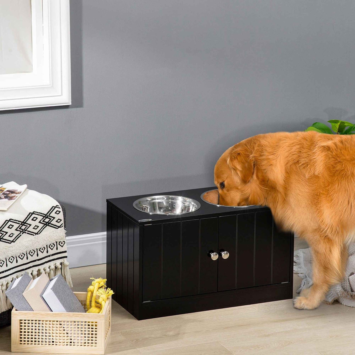 Raised Pet Feeding Storage Station with 2 Stainless Steel Bowls Base for Large Dogs and Other Large Pets Black