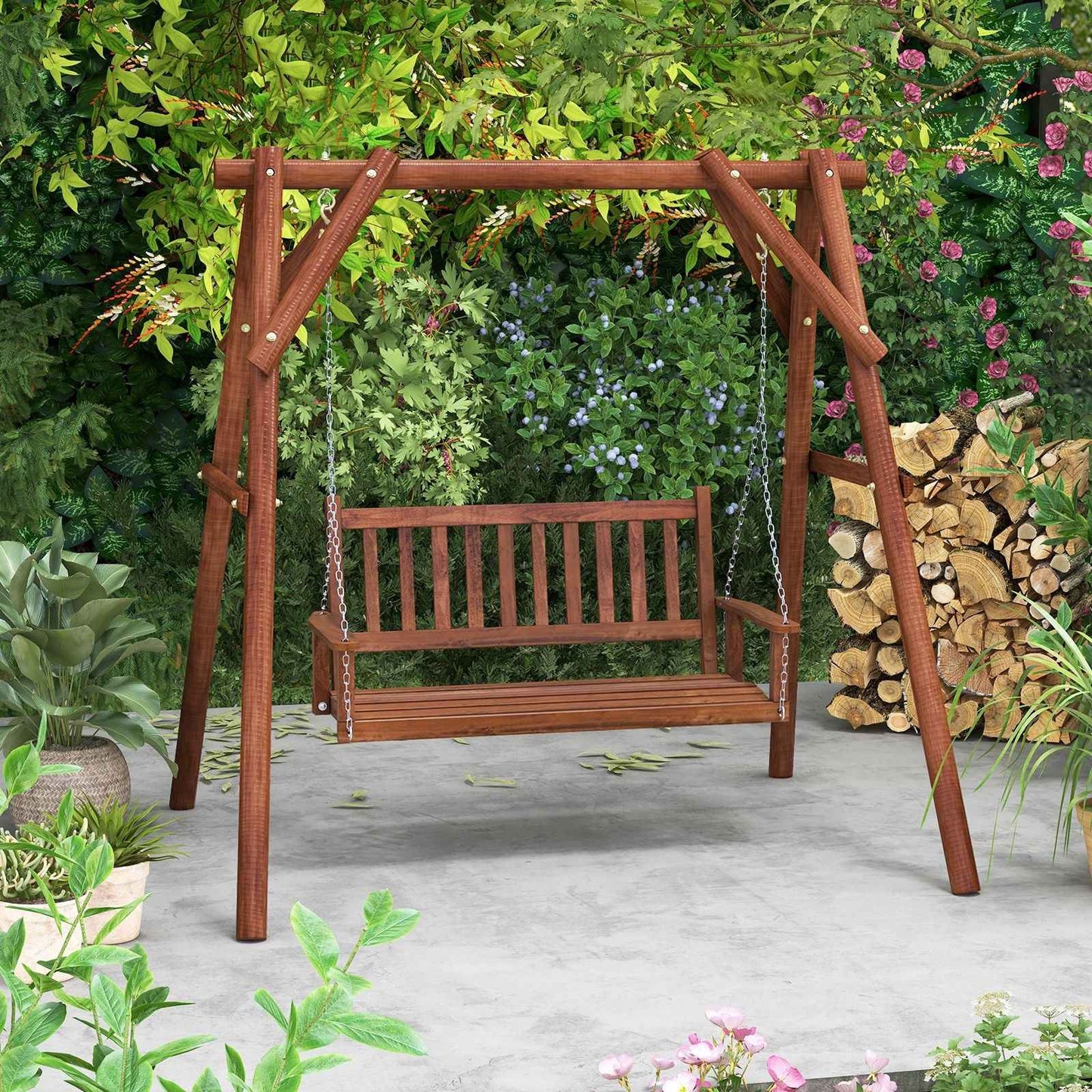 2-Person Wooden Outdoor Porch Swing with 500lbs Weight Capacity