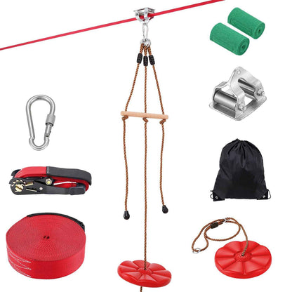 Zipline Kit for Kids and Adult, 65 ft Zip Line Kits Up to 500 lb, Backyard Outdoor Quick Setup Zipline, Playground Entertainment with Zipline, Nylon Safety Harness, Seat, and Handlebar