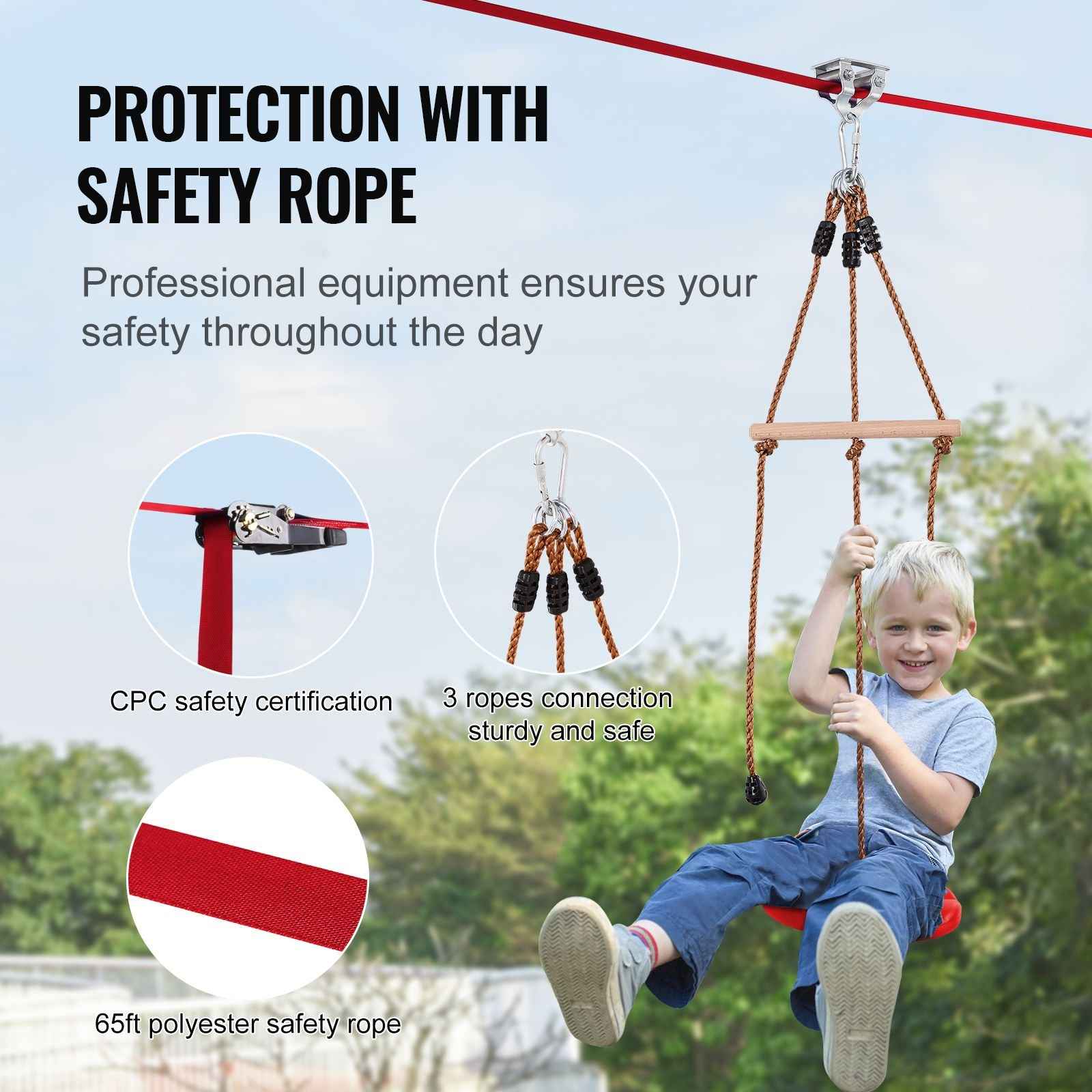 Zipline Kit for Kids and Adult, 65 ft Zip Line Kits Up to 500 lb, Backyard Outdoor Quick Setup Zipline, Playground Entertainment with Zipline, Nylon Safety Harness, Seat, and Handlebar