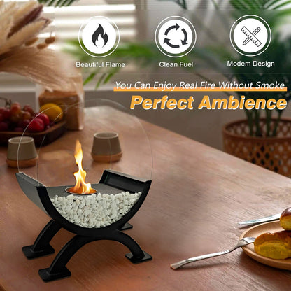 Round Glass Large Tabletop Fireplace 12.5" H Portable Fire Bowl Pot Clean Burning Fireplace for Indoor Outdoor Patio Parties Events(Black) - KNM Sundry