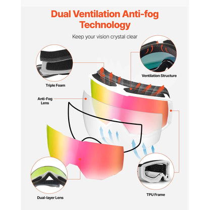 Ski Goggles, Cylindrical Lens with Pink Revo Coating, OTG Anti fog Snow Goggles for Men Women Youth, TPU Frame & Ventilation Structure, Suitable for Skiing, Skating, Snowboarding, Cycling