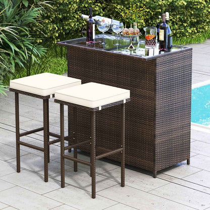 3 Pieces Outdoor Rattan Wicker Bar Set with 2 Cushions Stools