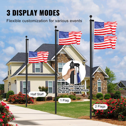 30FT Sectional Flag pole Kit, Heavy Duty Aluminum Alloy in Ground Flag poles for Outside, 3 Display Modes Flagpole with 3x5 American Flag, Professional Accessories, Black - KNM Sundry