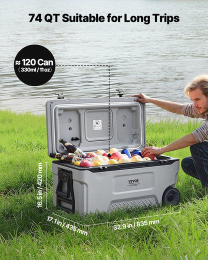Portable Cooler, 74 QT Wheeled Cooler with Ice Retention, Heavy-Duty Handles and Cup Holder, Lightweight Rigid Material Insulated Portable Cooler, Suitable for Family Picnics and Long Trips - KNM Sundry