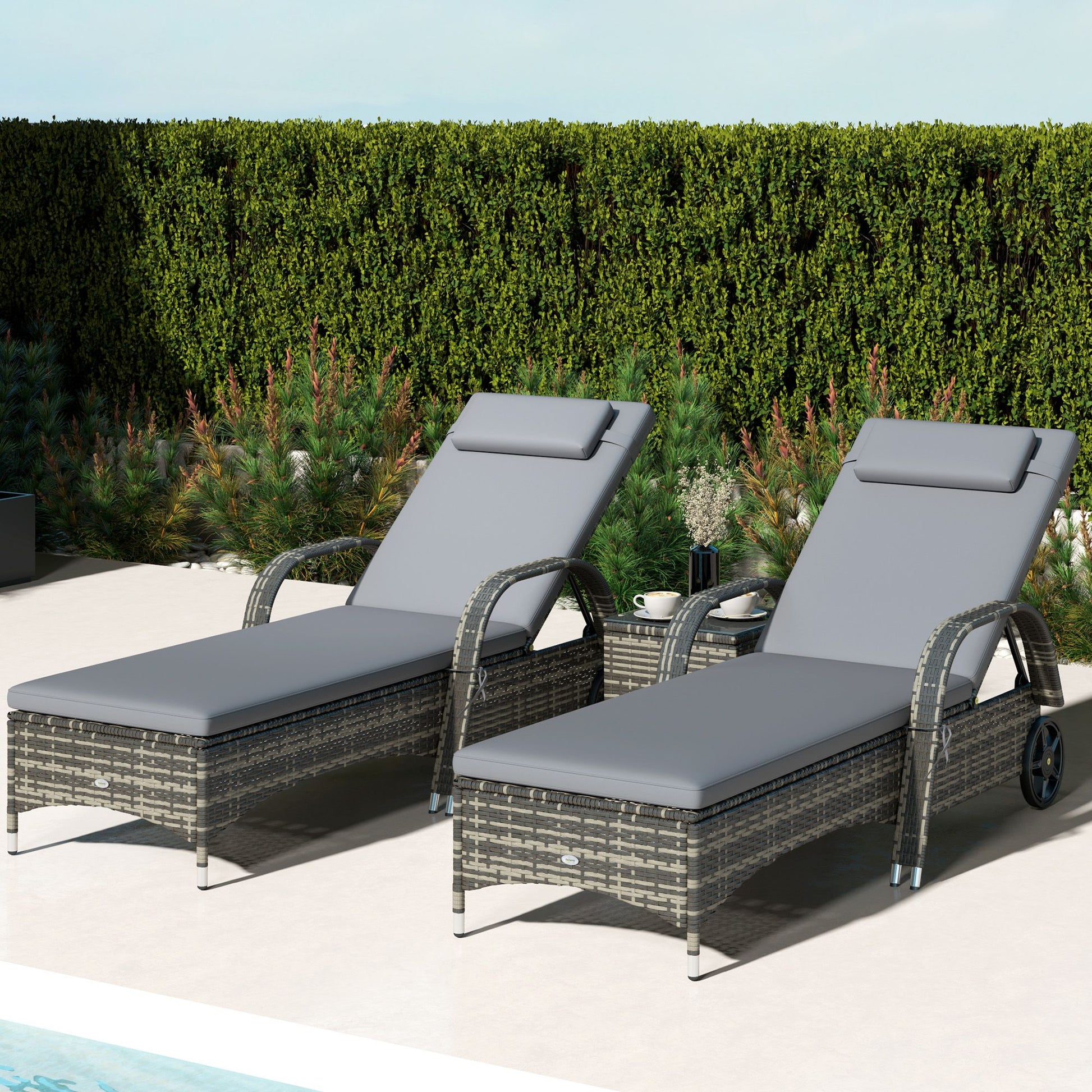 Patio Wicker Chaise Lounge Chair Set of 2 with Table, Adjustable Backrest, Wheels, Cushion & Headrest, Gray - KNM Sundry