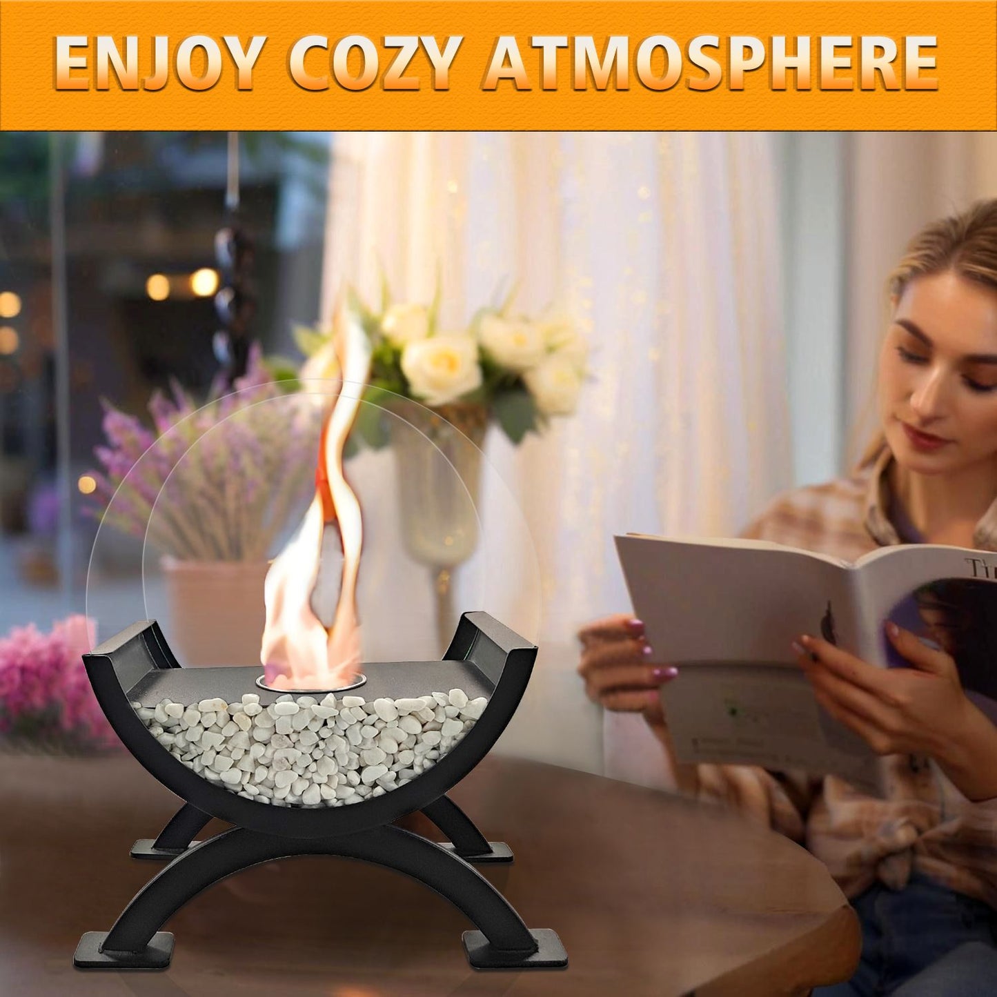 Round Glass Large Tabletop Fireplace 12.5" H Portable Fire Bowl Pot Clean Burning Fireplace for Indoor Outdoor Patio Parties Events(Black) - KNM Sundry