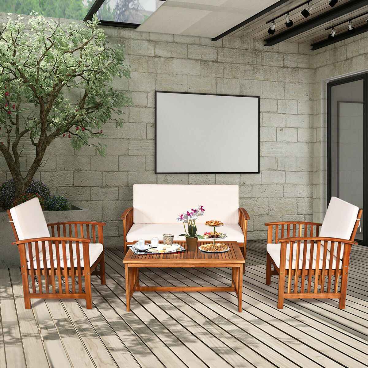 4 Pieces Patio Solid Wood Furniture Set with Water Resistant Cushions