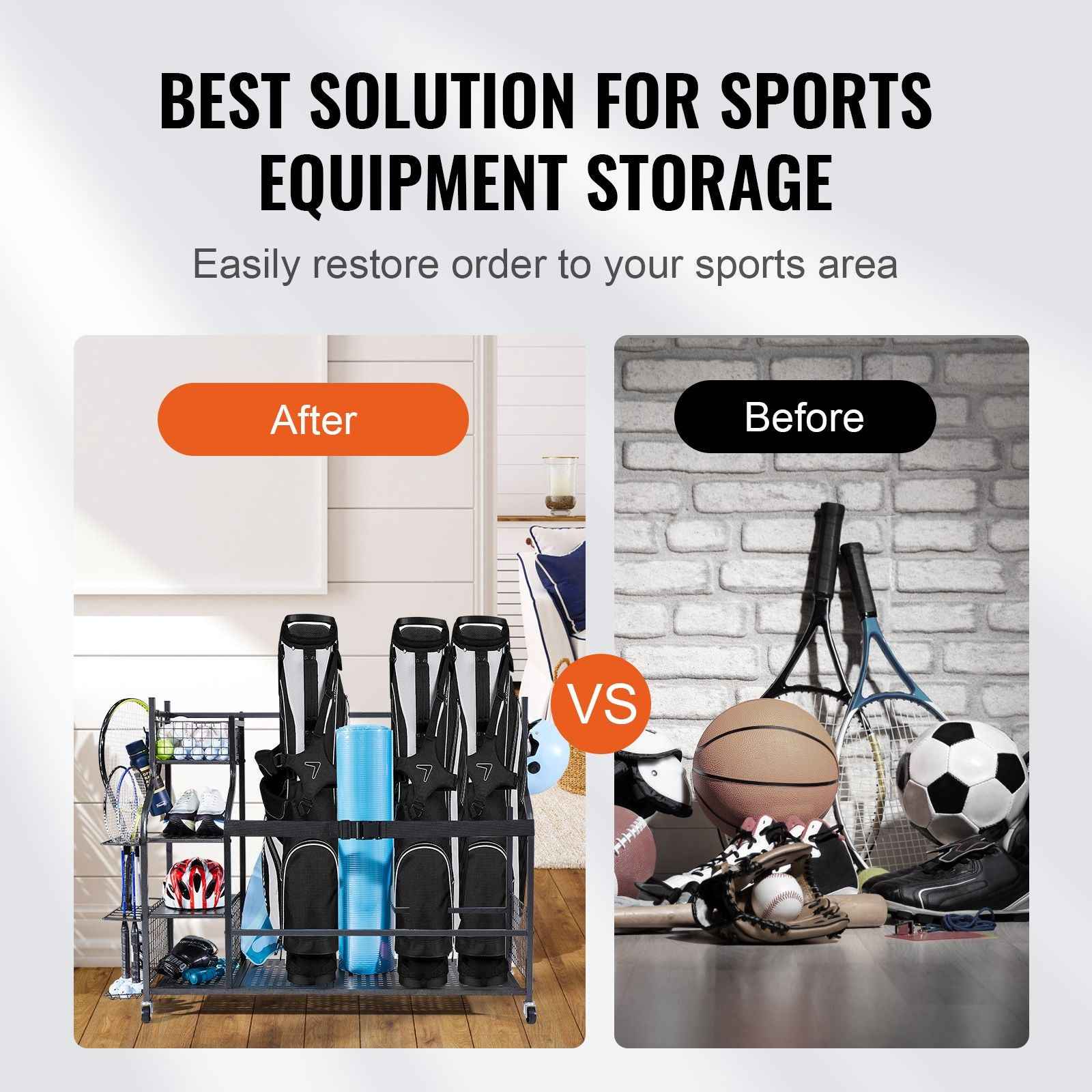Golf Storage Garage Organizer, 3 Golf Bag Stand Holder and Other Sports Equipment Storage Rack, Rolling Ball Cart on Wheels, Outdoor Sport Gear and Toy Storage with Baskets & Hooks, Steel, Black