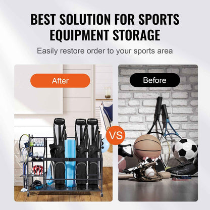 Golf Storage Garage Organizer, 3 Golf Bag Stand Holder and Other Sports Equipment Storage Rack, Rolling Ball Cart on Wheels, Outdoor Sport Gear and Toy Storage with Baskets & Hooks, Steel, Black