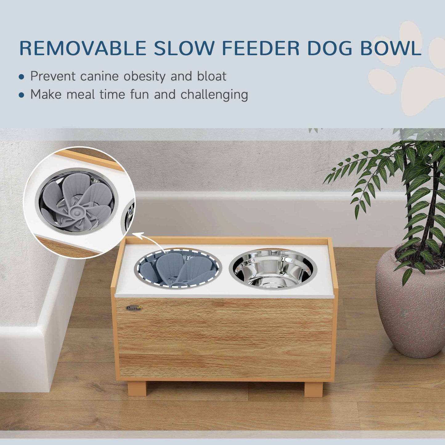 Elevated Dog Bowls with Slow Feeder Dog Bowl, Stainless Steel Food Water Bowl, Storage for Large Sized Dog, Oak